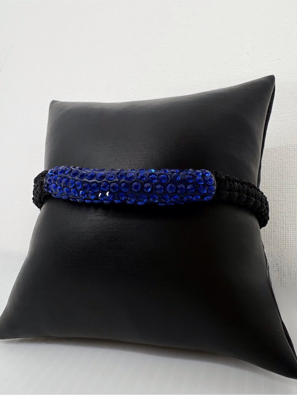 Black Braided Cord Bracelet with Sapphire Blue Crystal Bar